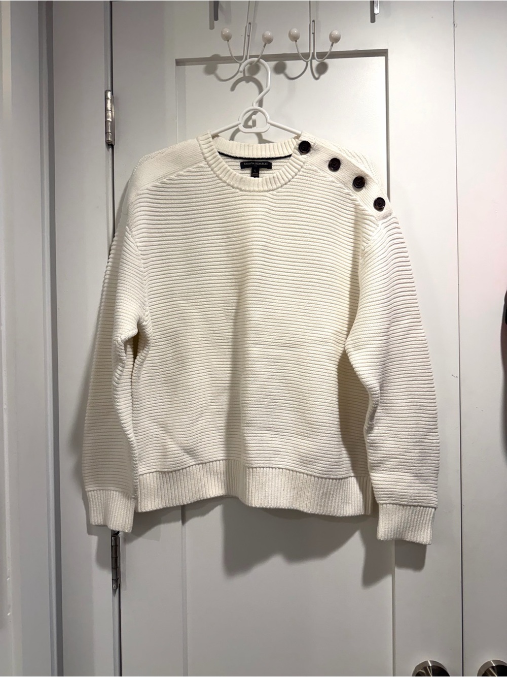 Banana Republic Cream White Ribbed Crewneck Sweater with Shoulder Buttons